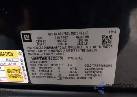 2015 GMC Acadia Slt-2 z USA, uszkodzony, nr VIN 1GKKVSKD7FJ223570